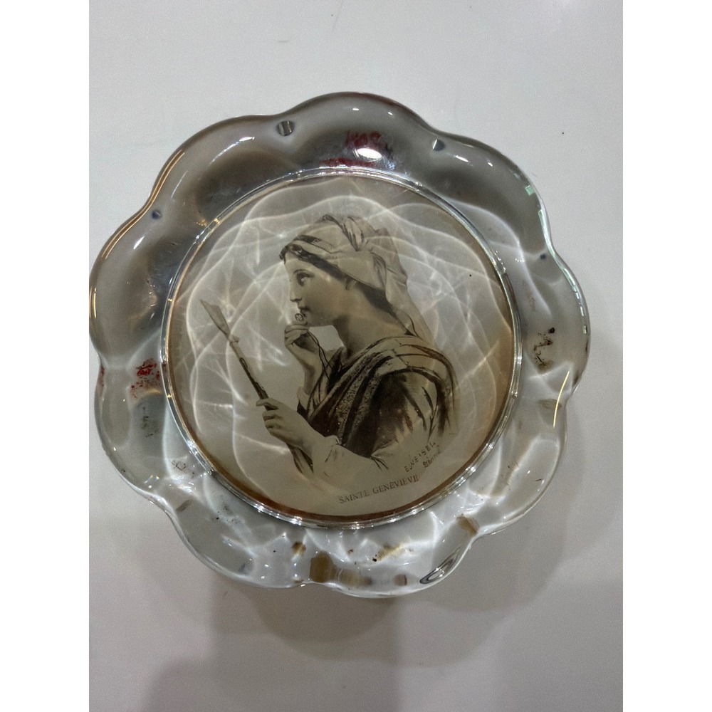 Antique Sainte Genevieve Glass Paperweight Scalloped Religious Trinket